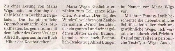 WAZ Artikel �ber die Lesung im Cafe Marla (links)16.10.07